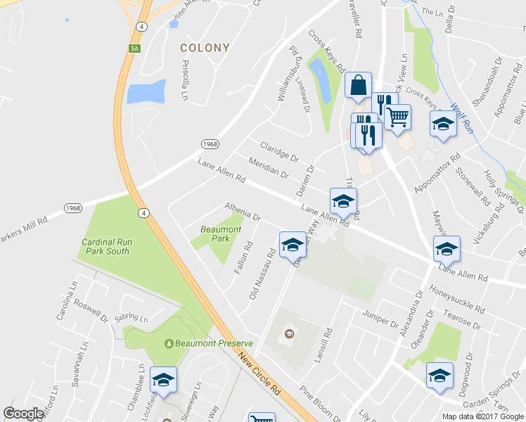 map of restaurants, bars, coffee shops, grocery stores, and more near 1119 Athenia Drive in Lexington