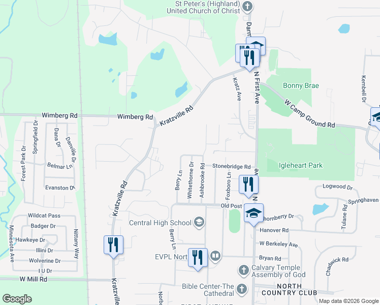 map of restaurants, bars, coffee shops, grocery stores, and more near 6013 Whitethorne Drive in Evansville