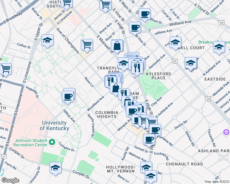 map of restaurants, bars, coffee shops, grocery stores, and more near 507 Euclid Avenue in Lexington
