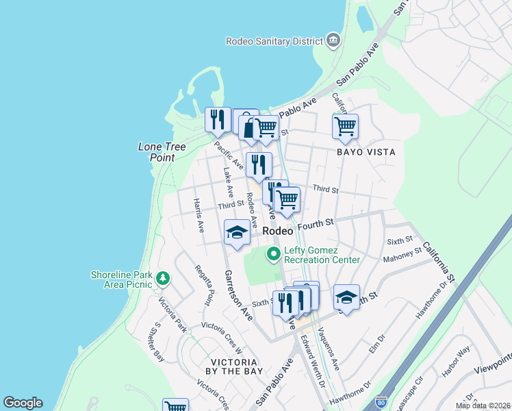 map of restaurants, bars, coffee shops, grocery stores, and more near 511 Third Street in Rodeo