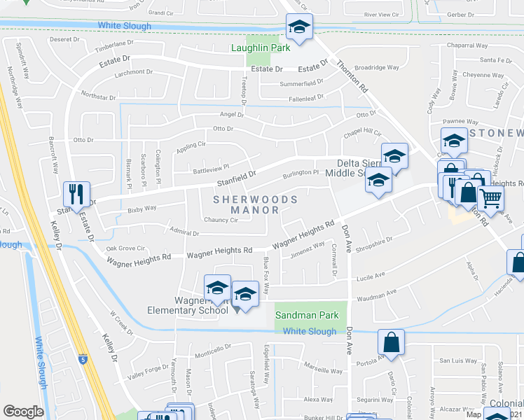 map of restaurants, bars, coffee shops, grocery stores, and more near 9315 Decatur Drive in Stockton