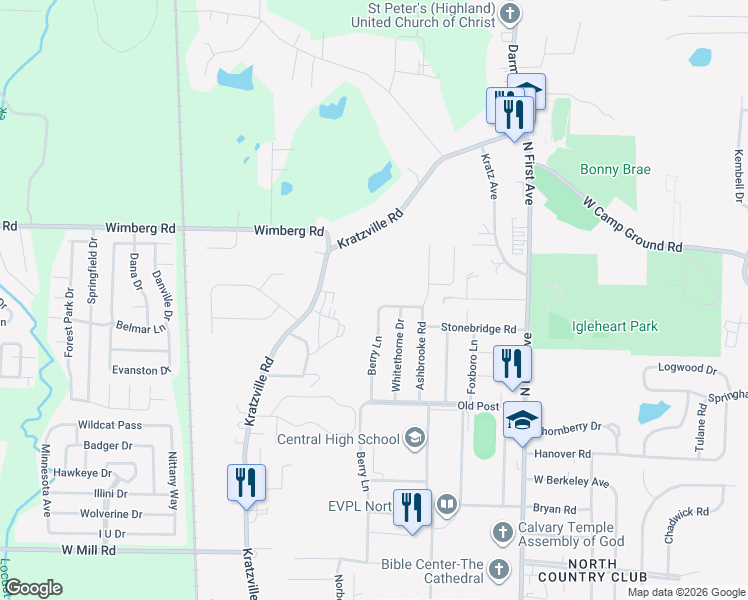 map of restaurants, bars, coffee shops, grocery stores, and more near 6012 Berry Lane in Evansville