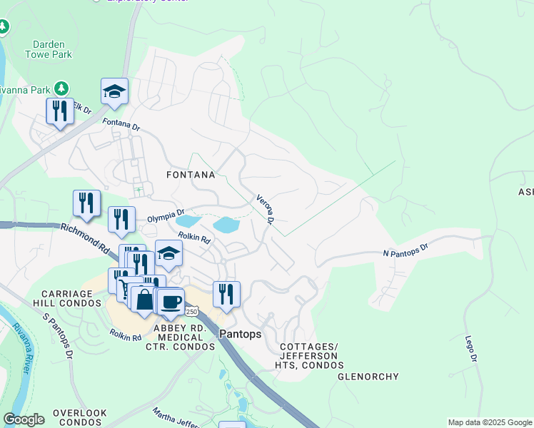 map of restaurants, bars, coffee shops, grocery stores, and more near 1790 Verona Drive in Charlottesville
