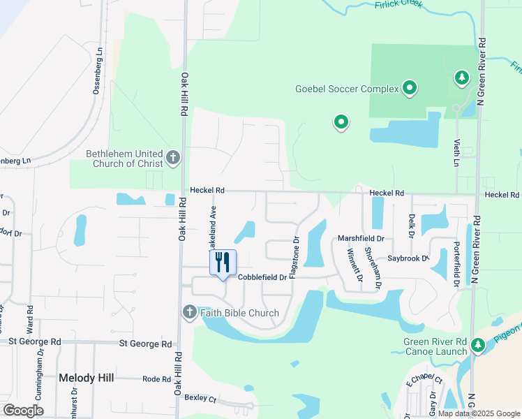 map of restaurants, bars, coffee shops, grocery stores, and more near 6120 Pebble Stone Drive in Evansville