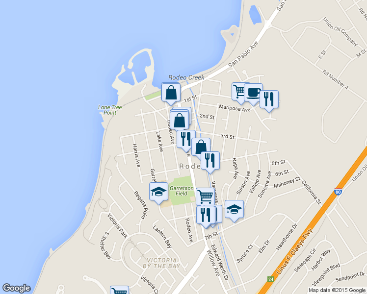 map of restaurants, bars, coffee shops, grocery stores, and more near 330 Parker Avenue in Rodeo