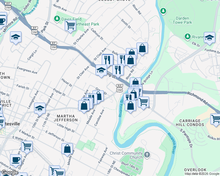 map of restaurants, bars, coffee shops, grocery stores, and more near 1324A Willow Drive in Charlottesville