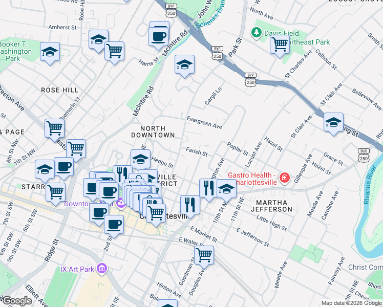 map of restaurants, bars, coffee shops, grocery stores, and more near 532 Park Street in Charlottesville