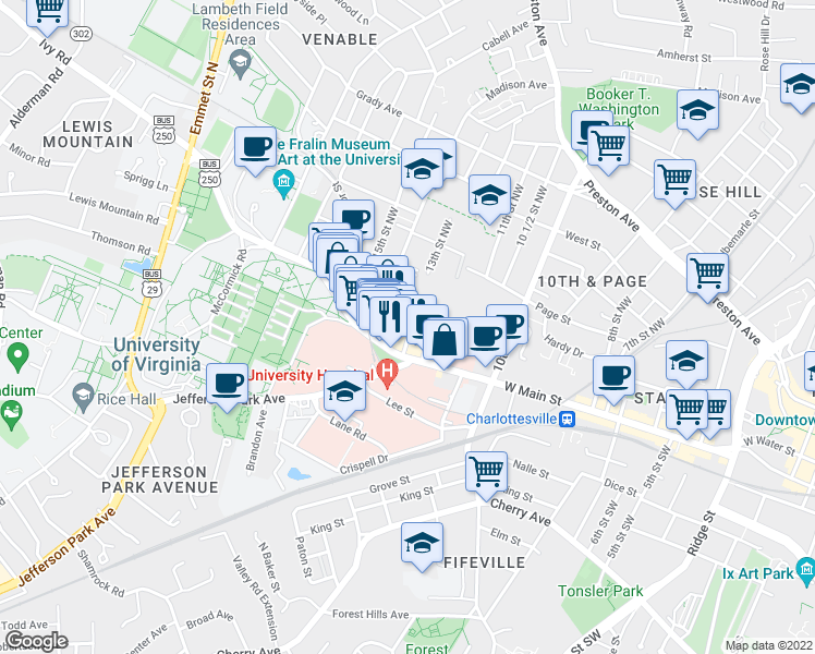 map of restaurants, bars, coffee shops, grocery stores, and more near 120 13th Street Northwest in Charlottesville