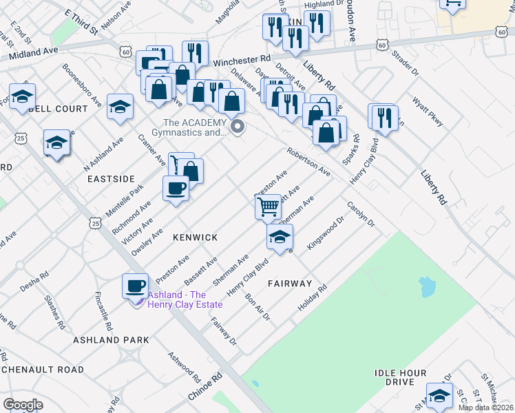 map of restaurants, bars, coffee shops, grocery stores, and more near 1410 Menifee Avenue in Lexington