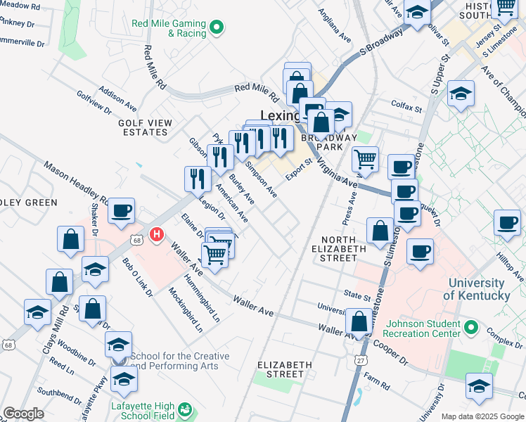 map of restaurants, bars, coffee shops, grocery stores, and more near 200 Burley Avenue in Lexington