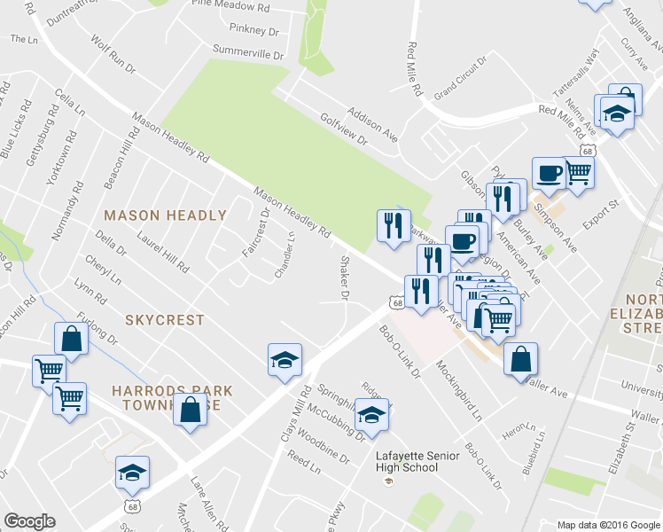 map of restaurants, bars, coffee shops, grocery stores, and more near 690 Mason Headley Road in Lexington
