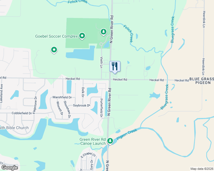 map of restaurants, bars, coffee shops, grocery stores, and more near 6147 Boston Way in Evansville