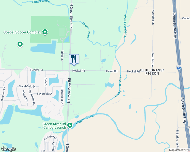map of restaurants, bars, coffee shops, grocery stores, and more near 5123 Heckel Road in Evansville