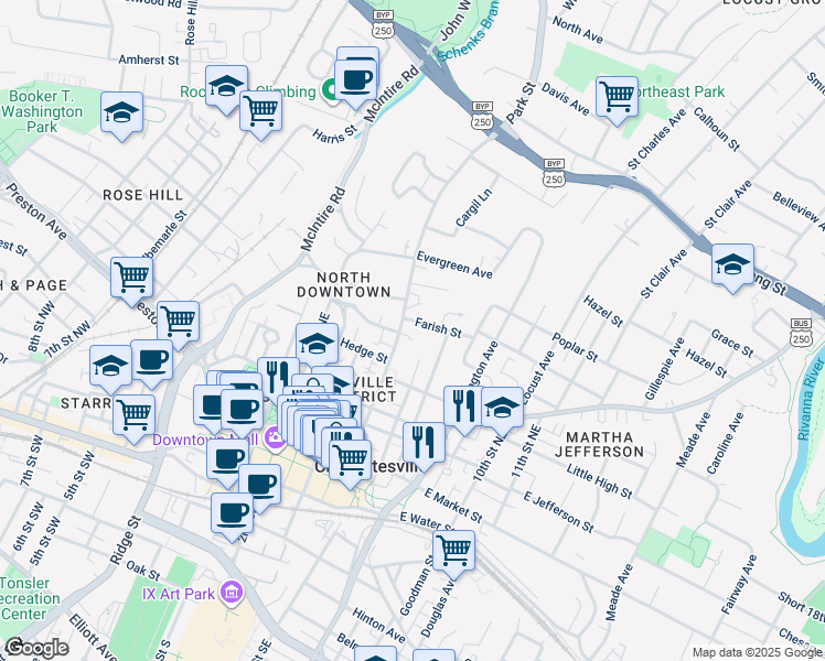 map of restaurants, bars, coffee shops, grocery stores, and more near 532 Park Street in Charlottesville