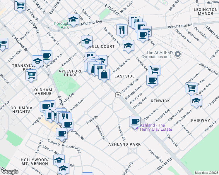 map of restaurants, bars, coffee shops, grocery stores, and more near 905 Richmond Road in Lexington