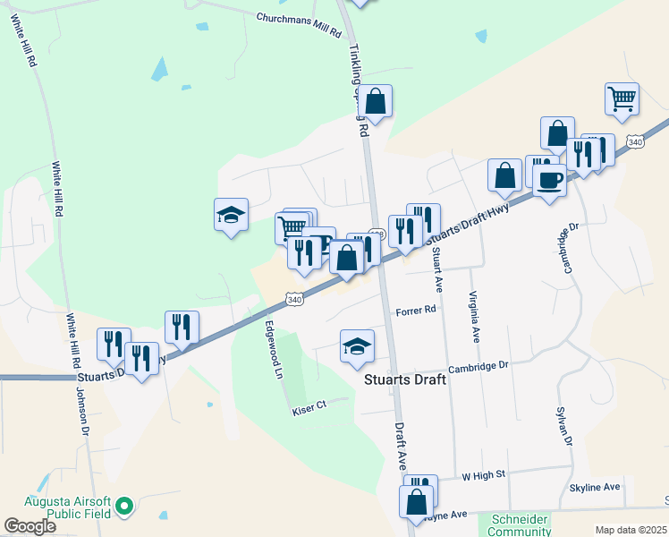 map of restaurants, bars, coffee shops, grocery stores, and more near 2618 Stuarts Draft Highway in Stuarts Draft