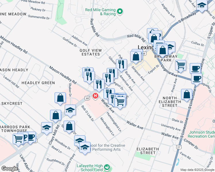 map of restaurants, bars, coffee shops, grocery stores, and more near 350-398 Elaine Drive in Lexington