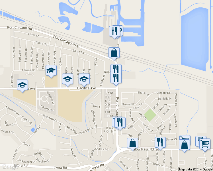 map of restaurants, bars, coffee shops, grocery stores, and more near 55 Pacifica Avenue in Bay Point