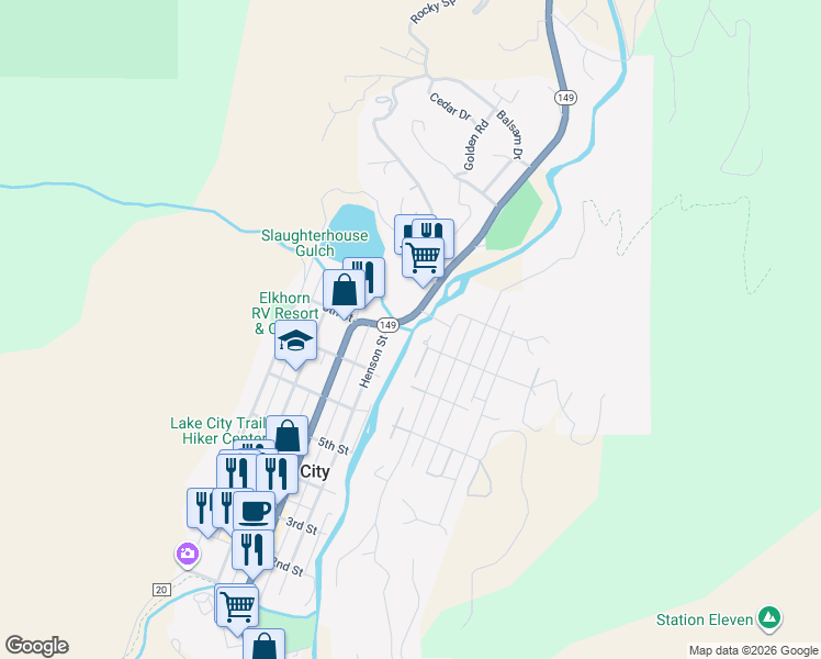 map of restaurants, bars, coffee shops, grocery stores, and more near 800-802 Lake Street in Lake City