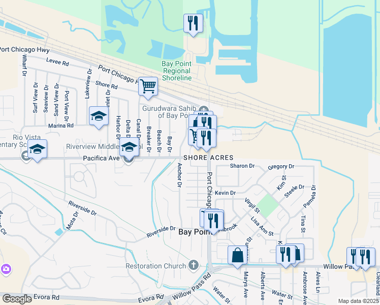 map of restaurants, bars, coffee shops, grocery stores, and more near 68 Pacifica Avenue in Bay Point