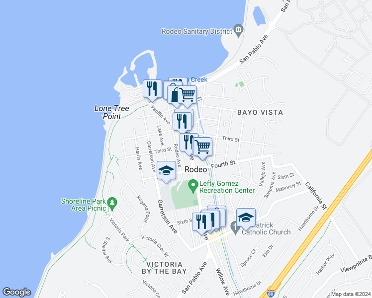 map of restaurants, bars, coffee shops, grocery stores, and more near 300 Parker Avenue in Rodeo