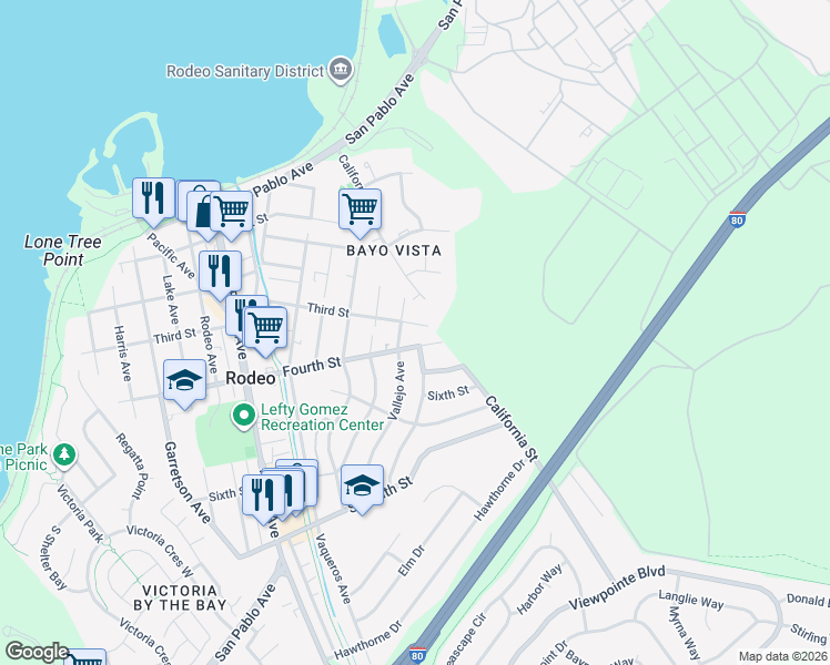 map of restaurants, bars, coffee shops, grocery stores, and more near 1227 Third Street in Rodeo