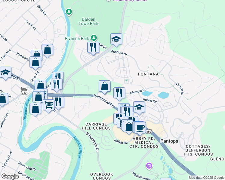 map of restaurants, bars, coffee shops, grocery stores, and more near Olympia Drive in Charlottesville