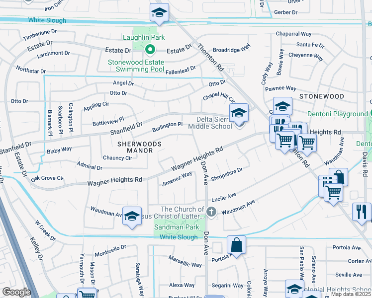 map of restaurants, bars, coffee shops, grocery stores, and more near 2435 Wagner Heights Road in Stockton