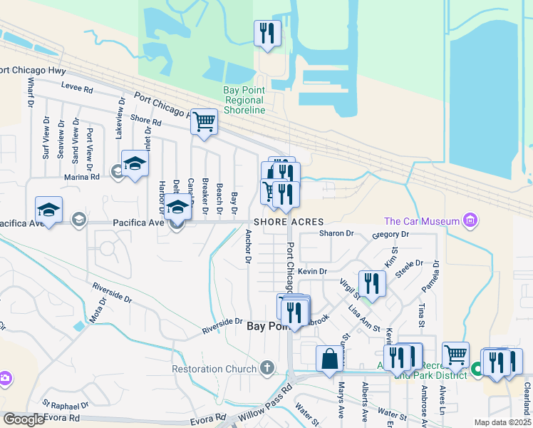 map of restaurants, bars, coffee shops, grocery stores, and more near 68 Pacifica Avenue in Bay Point