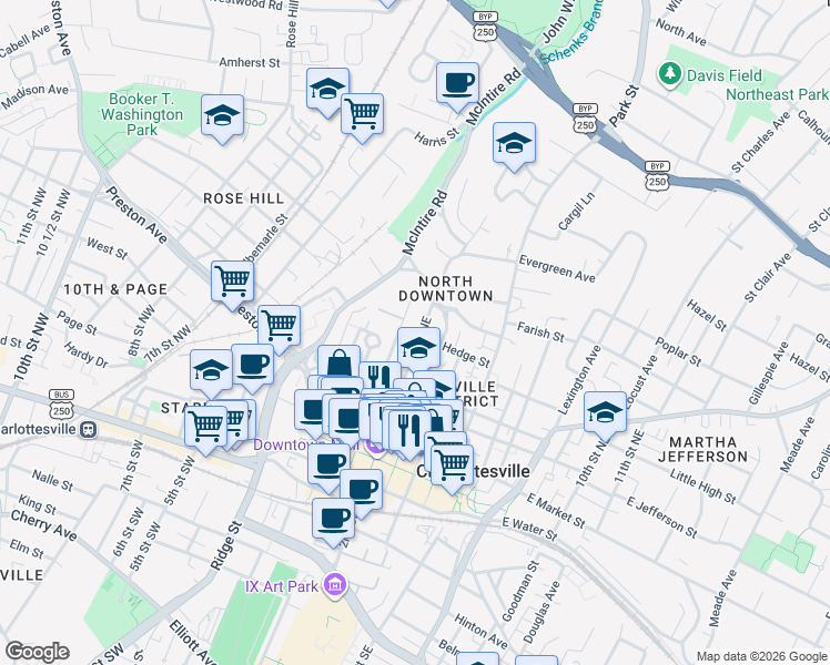 map of restaurants, bars, coffee shops, grocery stores, and more near 437 3rd Street Northeast in Charlottesville