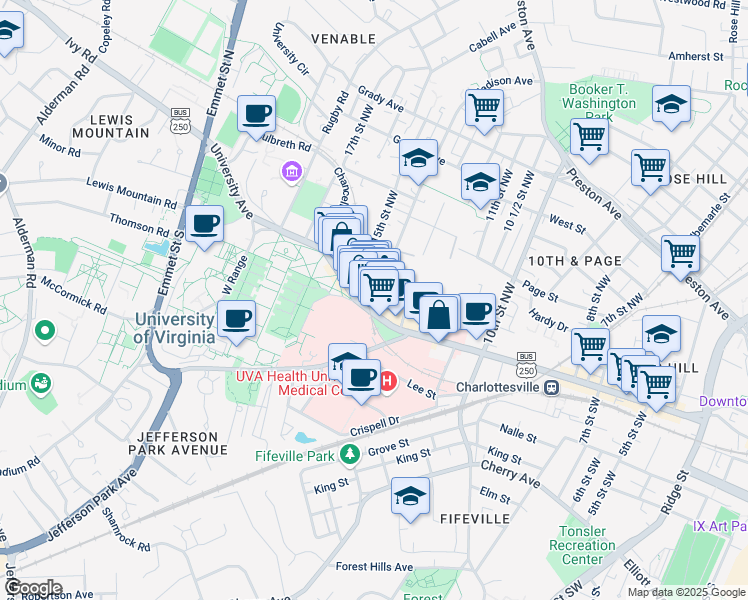 map of restaurants, bars, coffee shops, grocery stores, and more near 102 14th Street Northwest in Charlottesville