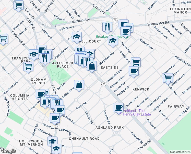 map of restaurants, bars, coffee shops, grocery stores, and more near 121 South Hanover Avenue in Lexington