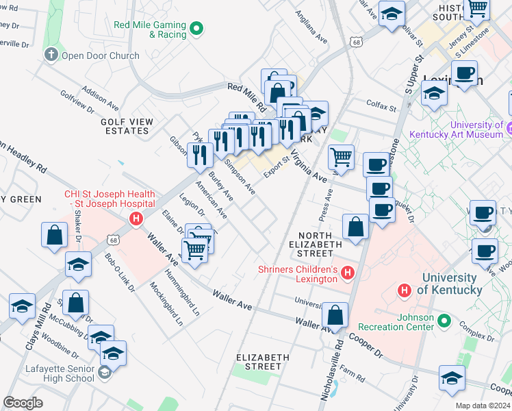 map of restaurants, bars, coffee shops, grocery stores, and more near 1107 Fern Avenue in Lexington