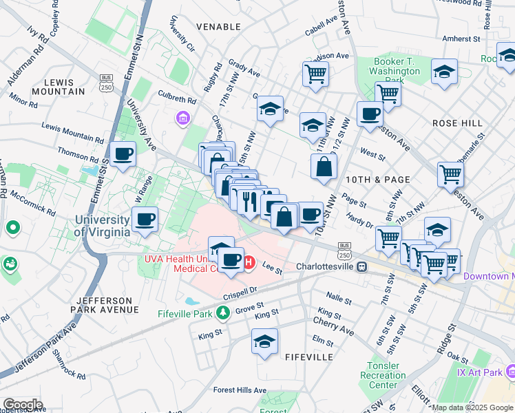 map of restaurants, bars, coffee shops, grocery stores, and more near 1306 Wertland Street in Charlottesville