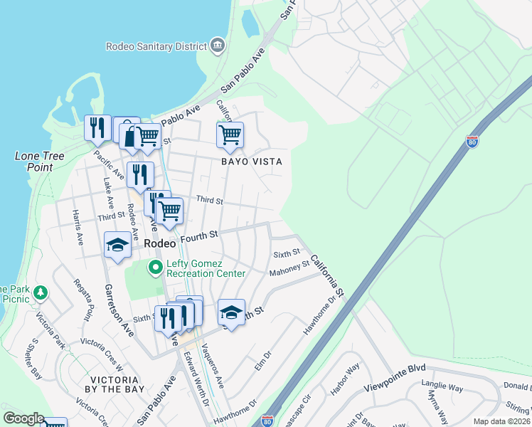 map of restaurants, bars, coffee shops, grocery stores, and more near 1227 Third Street in Rodeo