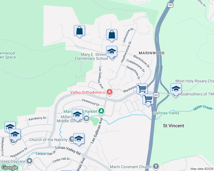 map of restaurants, bars, coffee shops, grocery stores, and more near 21 Windstone Drive in San Rafael