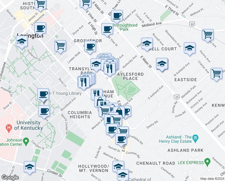 map of restaurants, bars, coffee shops, grocery stores, and more near 560 East High Street in Lexington