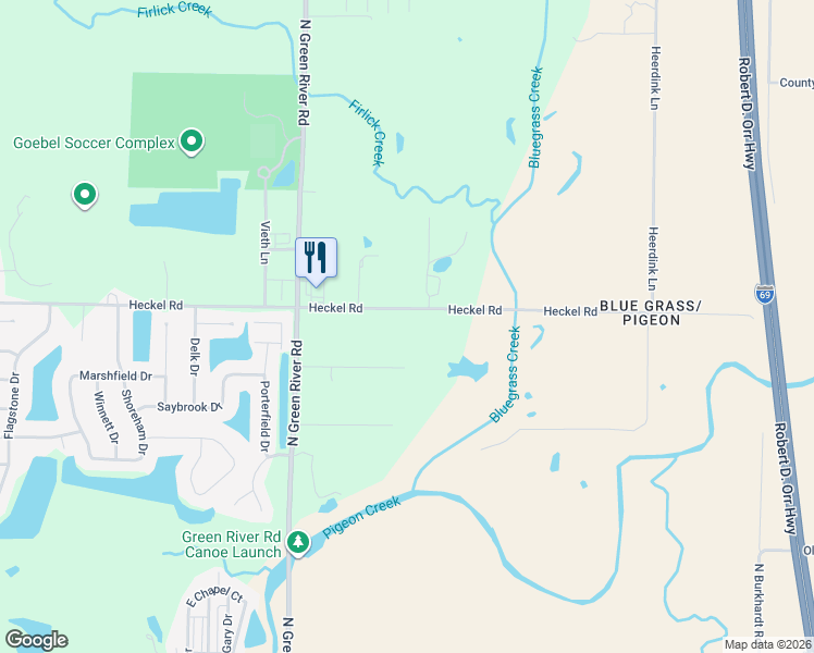 map of restaurants, bars, coffee shops, grocery stores, and more near 5123 Heckel Road in Evansville