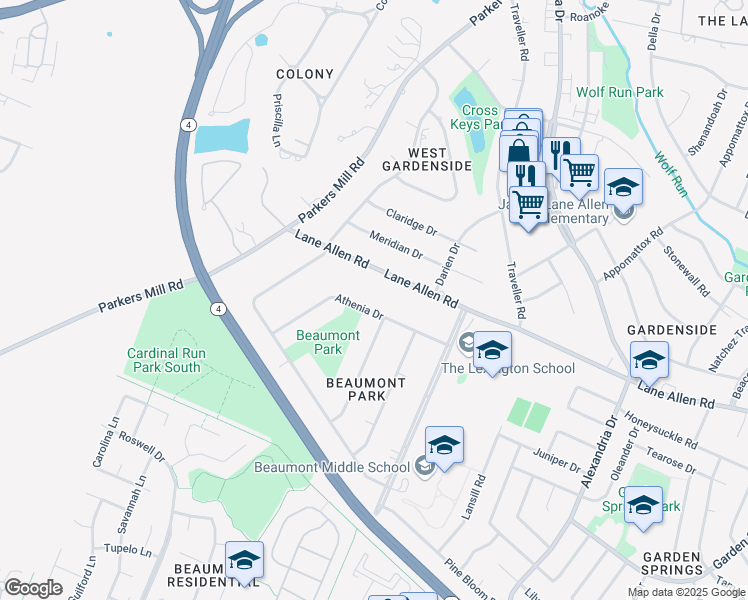 map of restaurants, bars, coffee shops, grocery stores, and more near 1127 Athenia Drive in Lexington