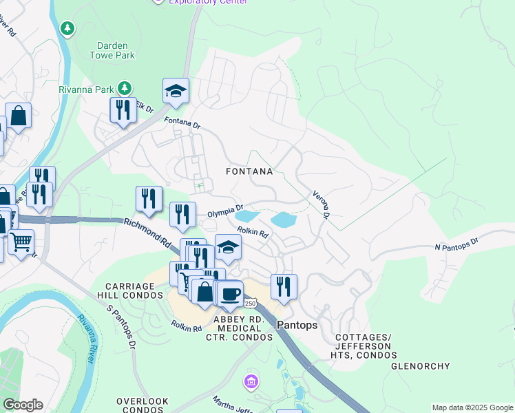 map of restaurants, bars, coffee shops, grocery stores, and more near 1080 Olympia Drive in Charlottesville