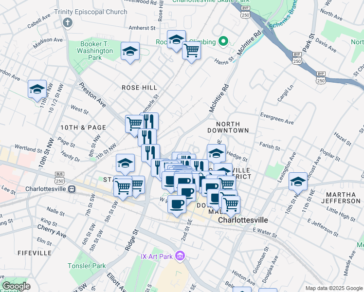 map of restaurants, bars, coffee shops, grocery stores, and more near 412 Altamont Street in Charlottesville