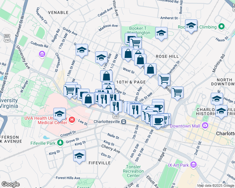 map of restaurants, bars, coffee shops, grocery stores, and more near 869 Hardy Drive in Charlottesville