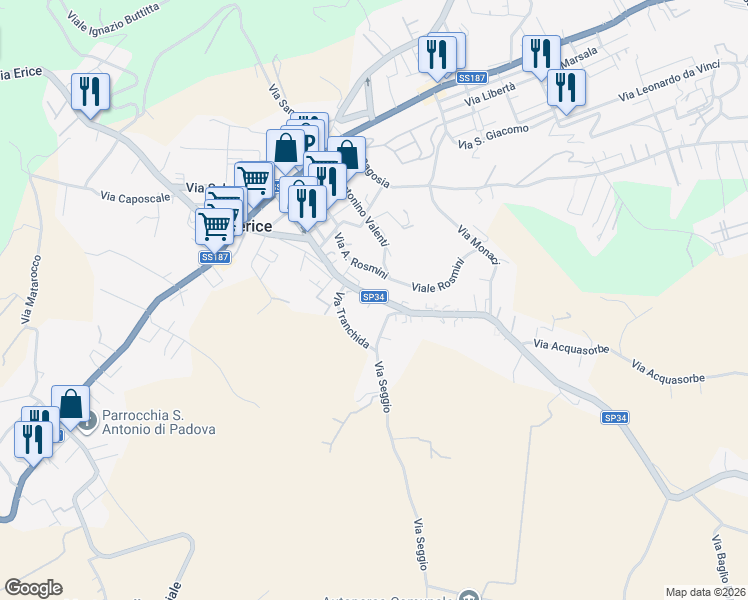 map of restaurants, bars, coffee shops, grocery stores, and more near 165 Via Simone Catalano in Valderice