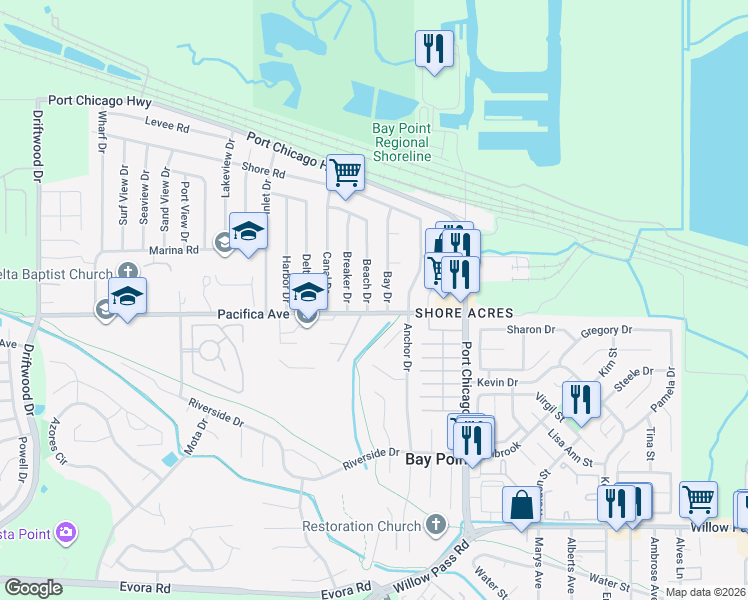 map of restaurants, bars, coffee shops, grocery stores, and more near 92 Beach Drive in Bay Point