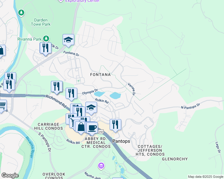 map of restaurants, bars, coffee shops, grocery stores, and more near 1102 Olympia Drive in Charlottesville