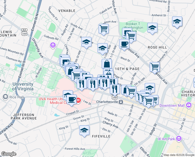 map of restaurants, bars, coffee shops, grocery stores, and more near 1107 Wertland Street in Charlottesville