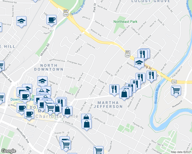 map of restaurants, bars, coffee shops, grocery stores, and more near 905 Poplar Street in Charlottesville