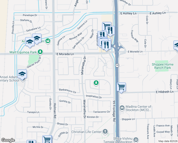 map of restaurants, bars, coffee shops, grocery stores, and more near 9290 Lembert Dome Circle in Stockton
