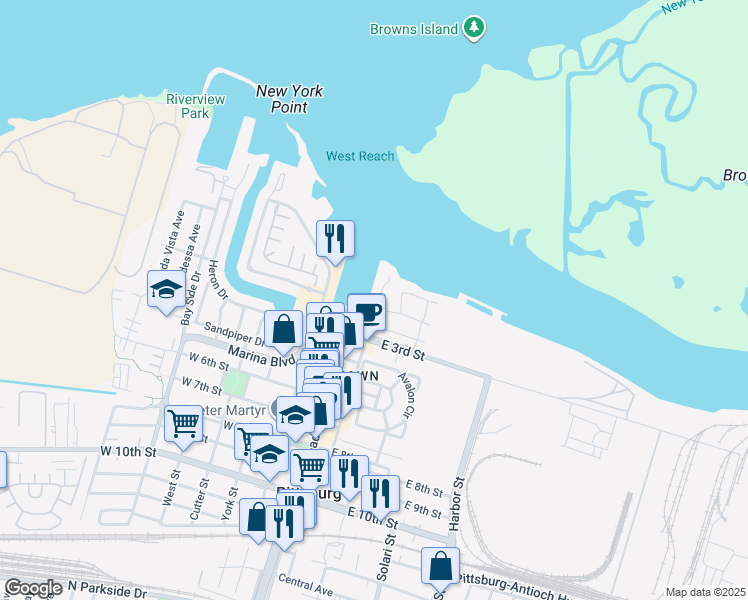 map of restaurants, bars, coffee shops, grocery stores, and more near 135 Shoreline Drive in Pittsburg
