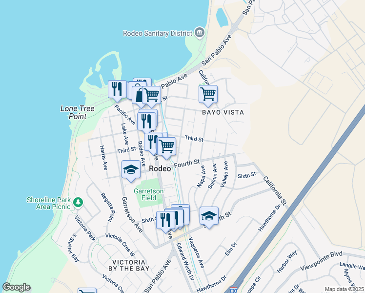map of restaurants, bars, coffee shops, grocery stores, and more near 371 Vaqueros Avenue in Rodeo